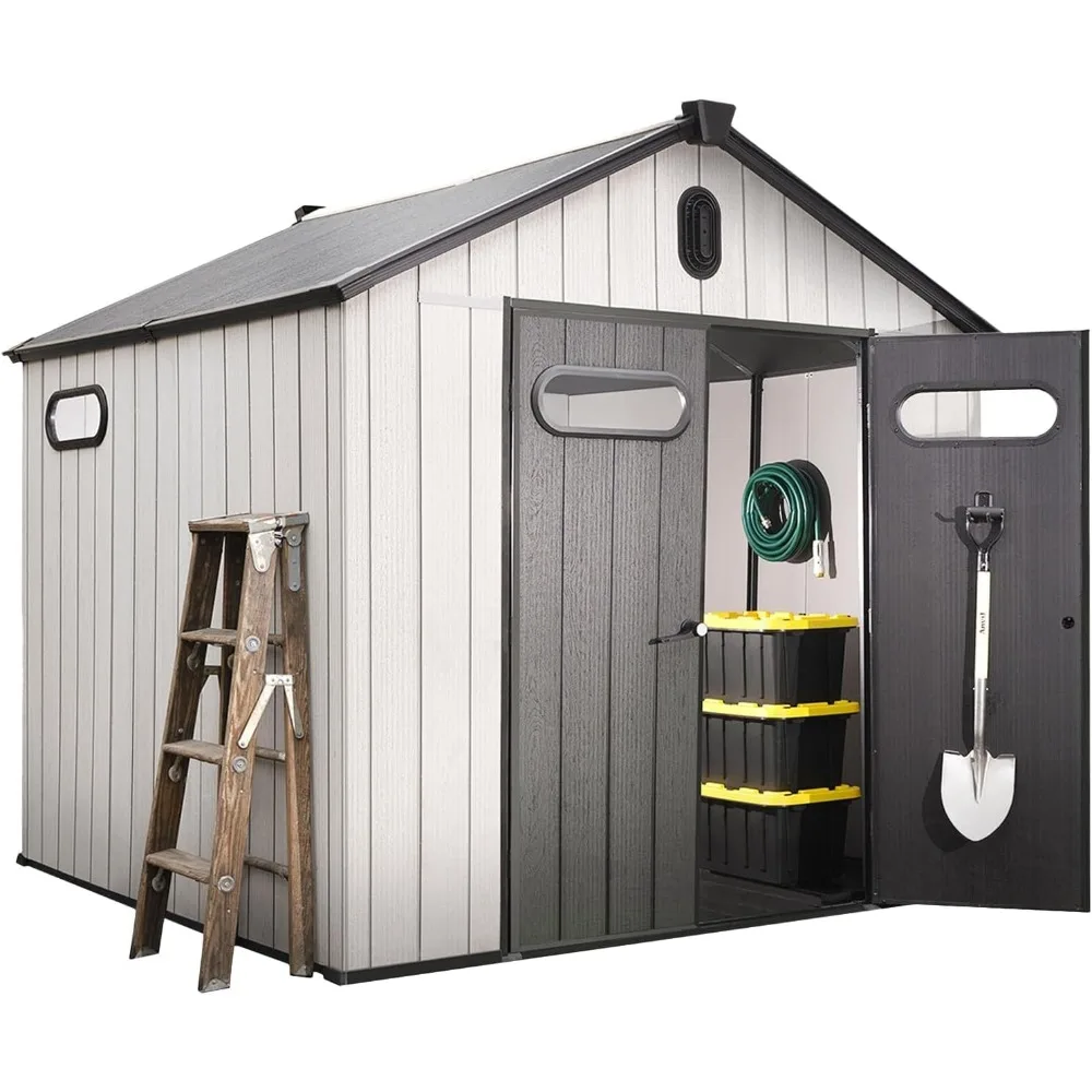 8x8 Ft Outdoor Storage Shed with Floor - Waterproof Shed with Lockable Door for Garden - Backyard, Tool StorageUse - Grey