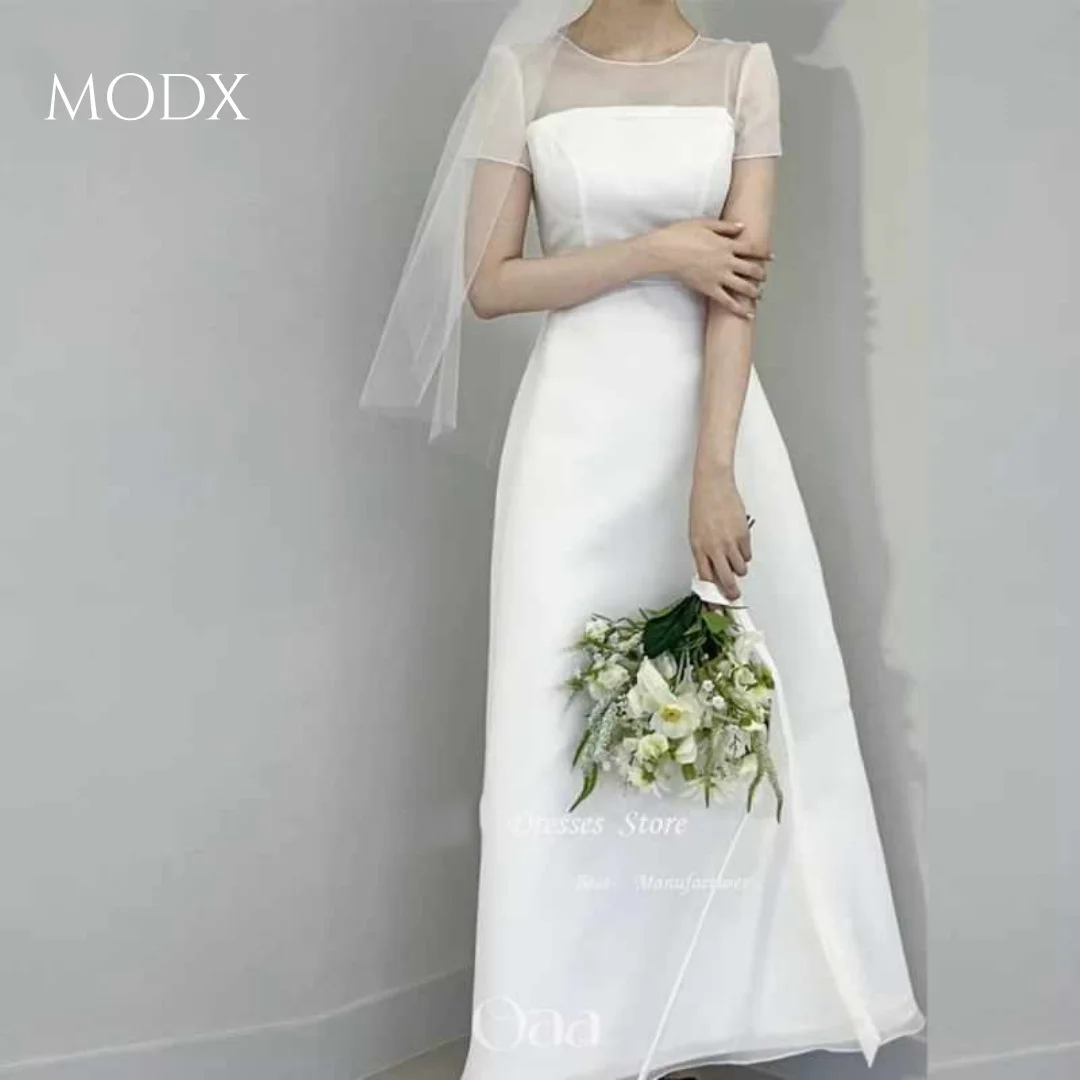MODX Simple A Line Korea Wedding Dresses Photoshoot Short Customised Short Sleeves O-Neck Bridal Gown Mariage Floor Length Dres