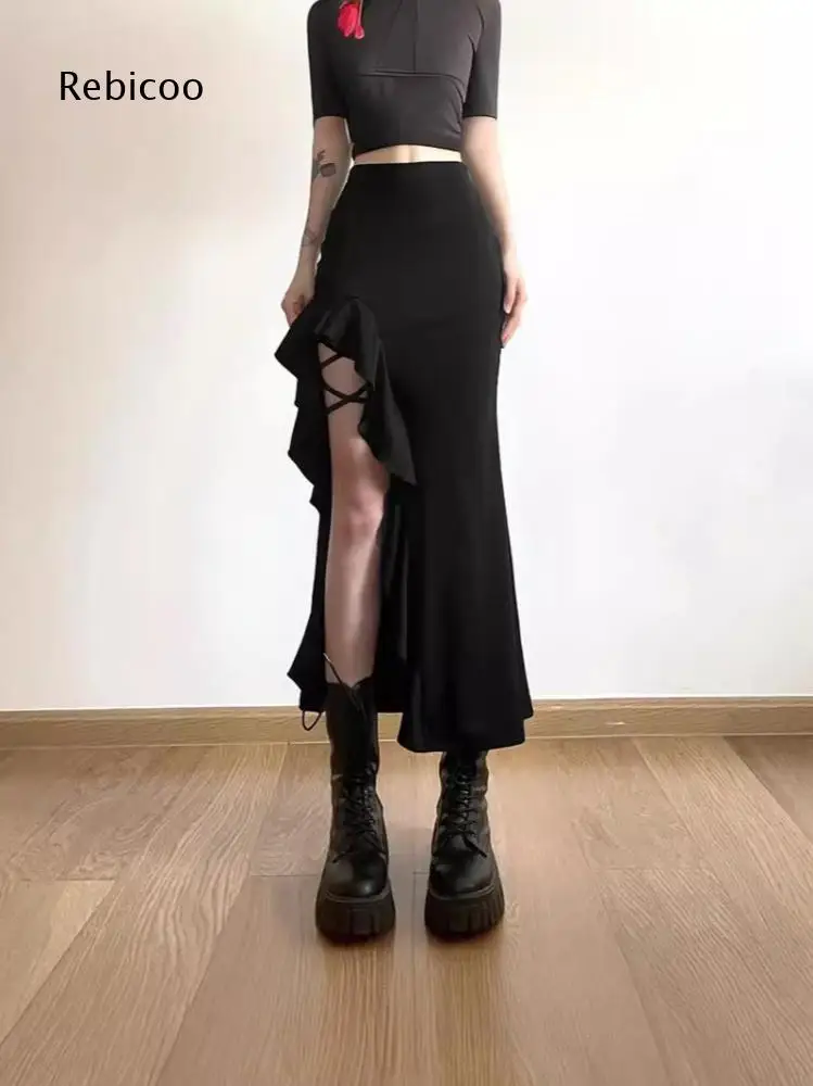 Womens Asymmetrical Maxi Skirt High Waist Ruffle Trim Side Lace Up Cutout Slit Long Bottom For Cool Fashion Daily Wear