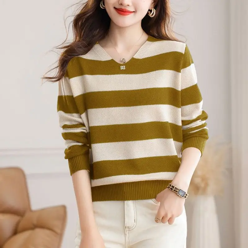 Autumn Winter Crew Neck Women\'s Clothing Pullover Striped Lantern Long Sleeve Screw Thread Sweater Knitted Casual Elegant Tops