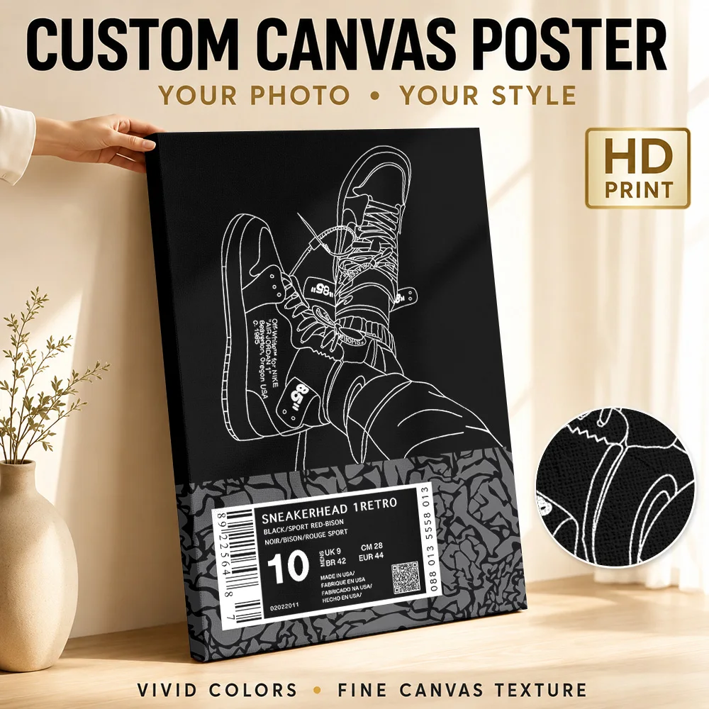 Sneaker Outline Pair Canvas Print Customized Photo Detailed Illustration Wall Art For Wardrobe Display Area, Fashion Lover Gift