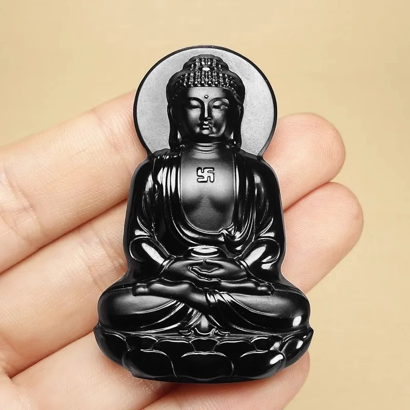 Natural Nephrite Black Jade Buddha Pendant With Rope Chain Hetian Jades Buddha Charms Necklace Men Women Buddhist Lucky Amulets