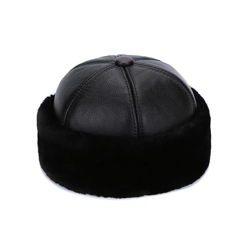 Winer Warm Real Cowhide Faux Fur Hats For Men Leather Retro Round Caps Male Casual Landlord Thin Bonnet Fashion Brimless Beanie