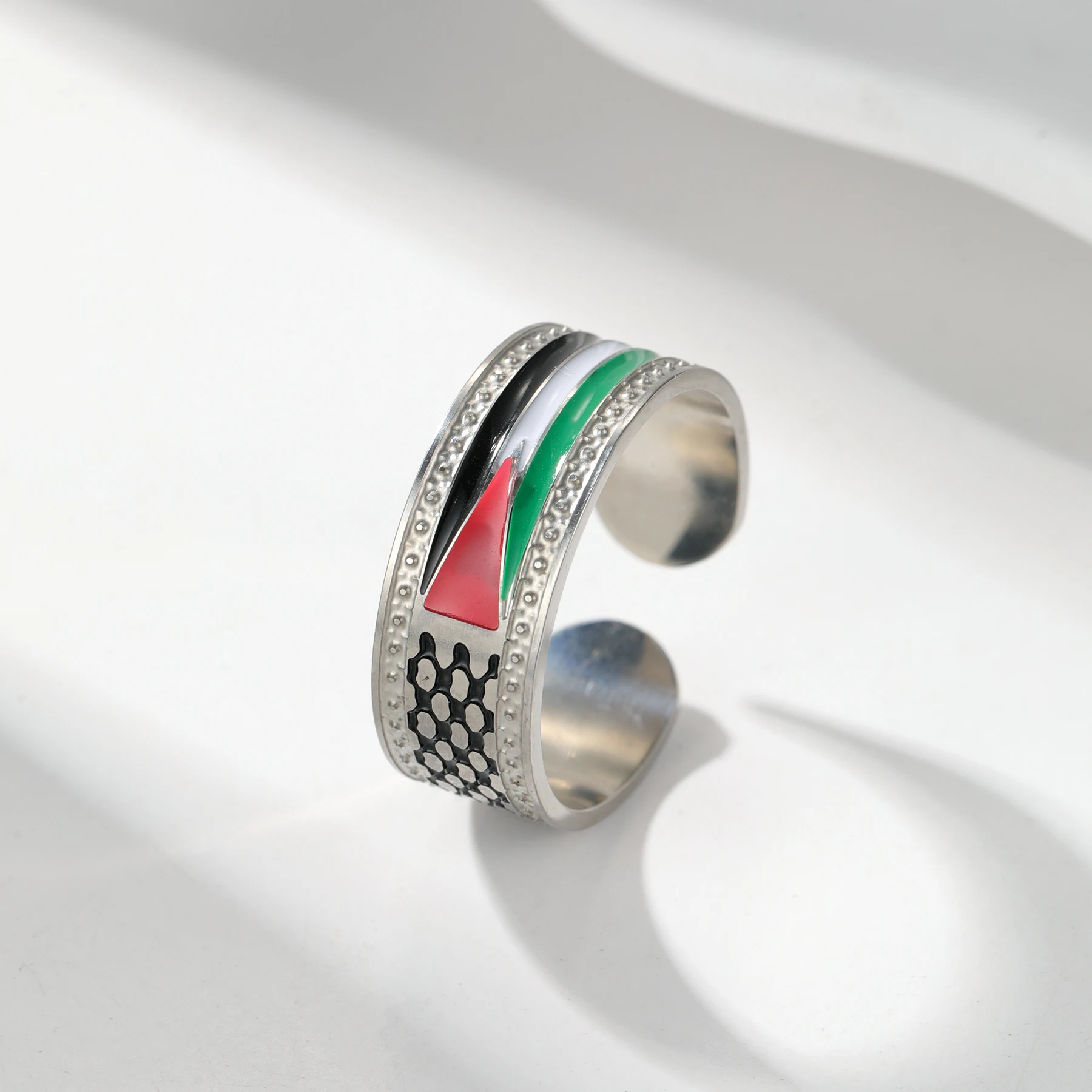 

Palestine Keffiyeh Ring - Adjustable Opening Customized Name Inside the Ring Stainless steel Enamel Ring Gifts for Husband Men's