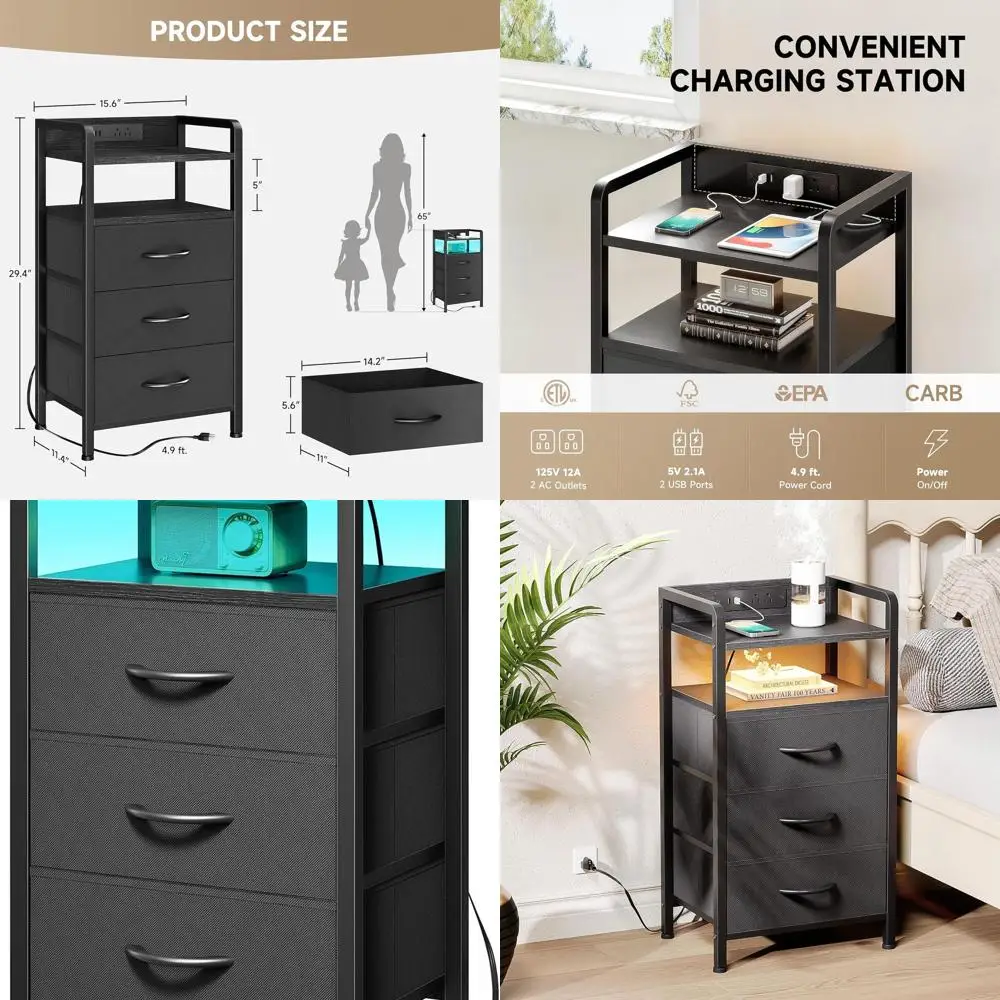 

Modern Bedroom Nightstand with Charging Station, LED Light, Storage Shelf, and Fabric Drawers