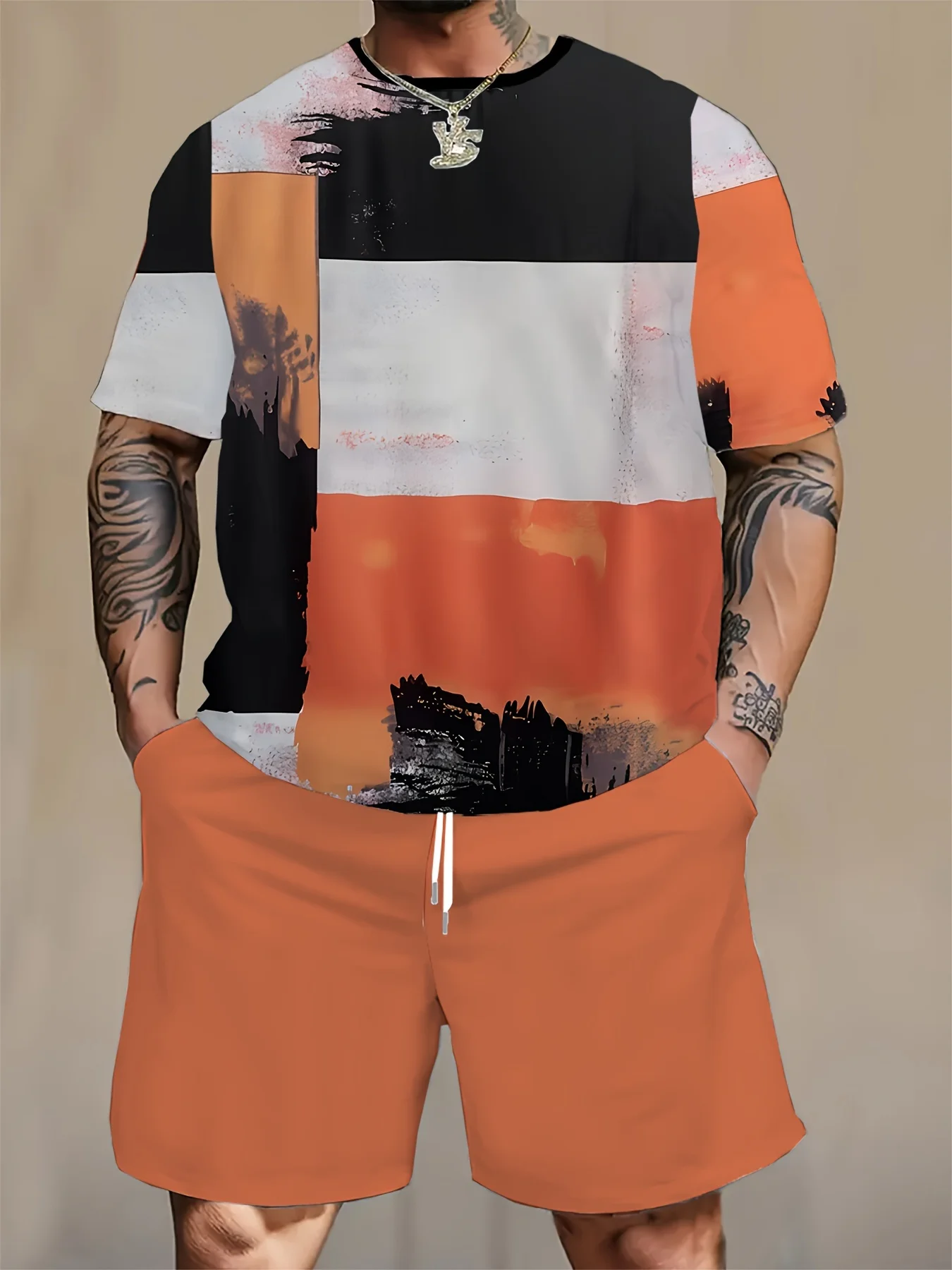 

2PCS tie dye printed Men's fashion casual clothing set, including short sleeved round neck T-shirt and pocket drawstring shorts