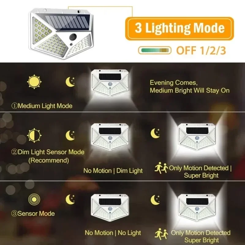 Luces solares para exteriores, lámpara de pared con Sensor de movimiento PIR, 100LED, alimentada por energía Solar, farola para jardín y patio,