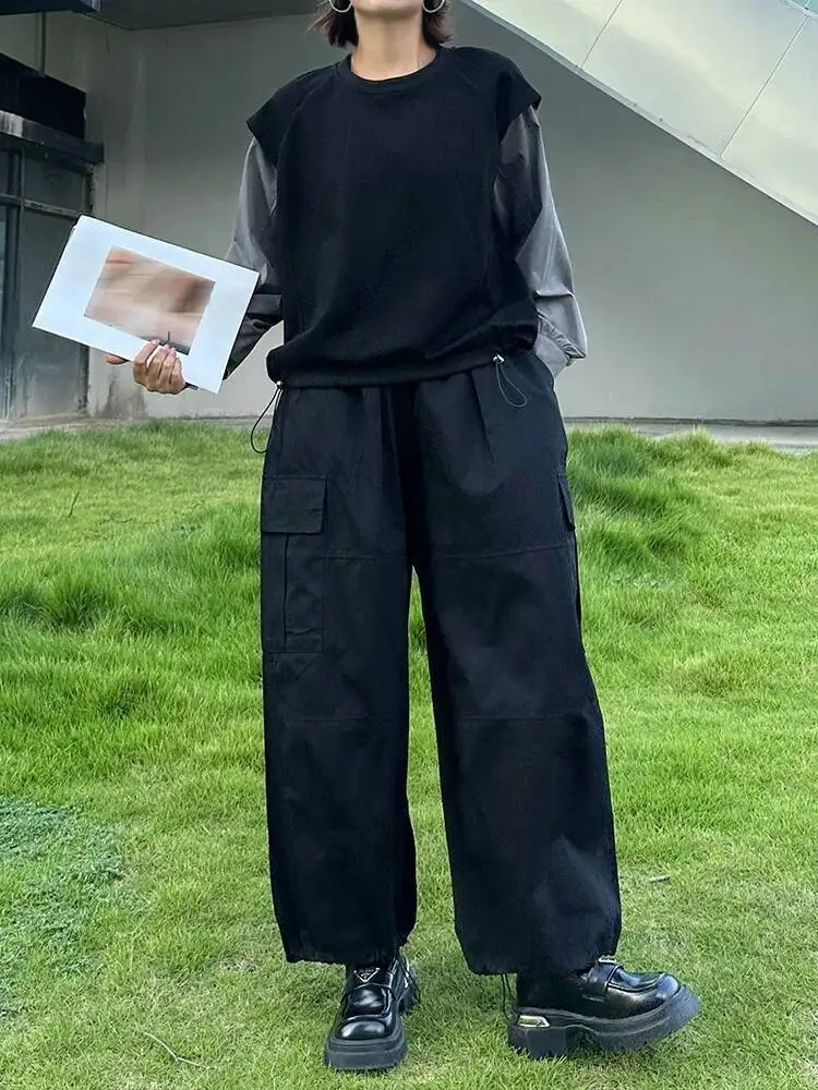 高弾性ウエスト黒ポケット巾着ロングワイドレッグパンツ新しいズボン女性ファッション潮春秋