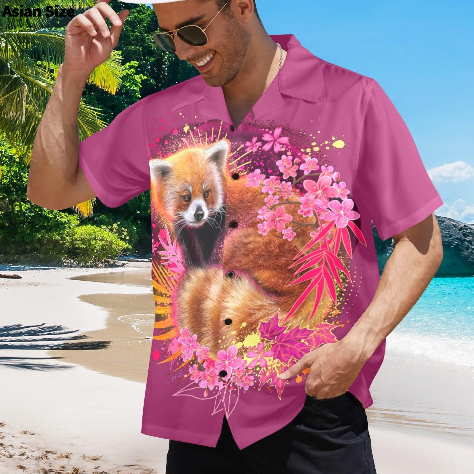 

Fashion panda shirt clothing Hawaii vacation beach shirt cute animal red panda short-sleeved top 2025