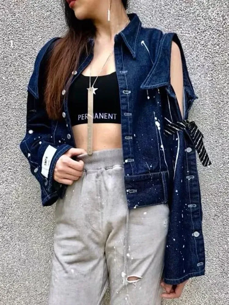 BPN Hit Color Casual Jacket For Women Lapel Long Sleeve Off Shoulder Hollow Out Single Breasted Denim Coat Female Fashion New