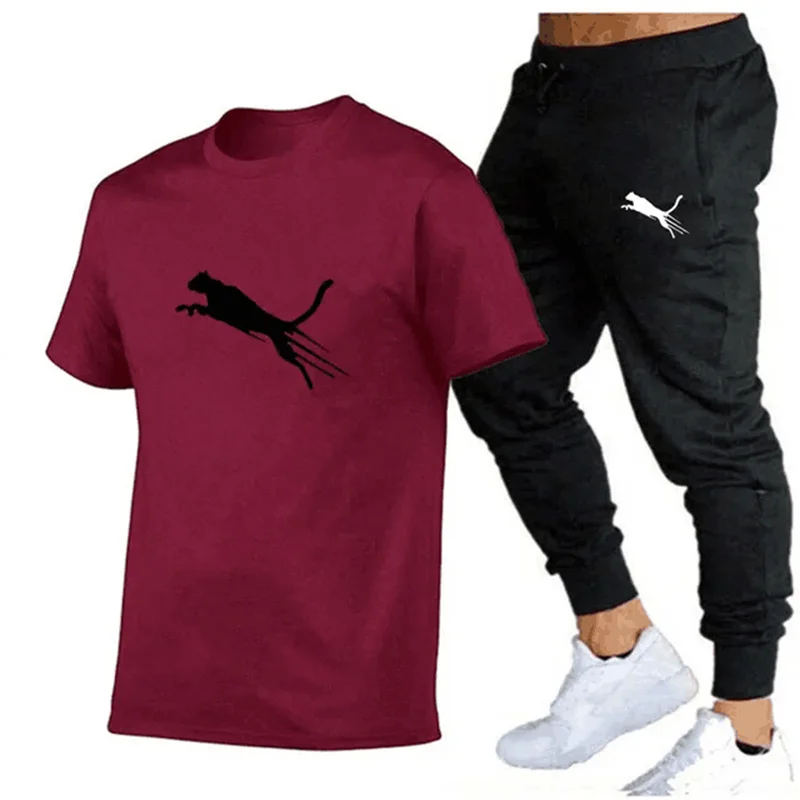 Cotton Men's Matching T-Shirt And Casual Black Pants Set, Basic T-Shirt, Summer Sportswear, High-Quality Fashion, Two-Piece Set