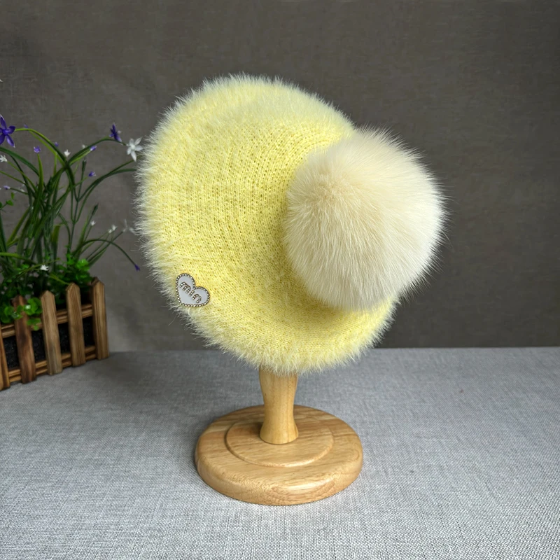 2024 New Natural fur pompom Berets hat for women Fashion casual winter Women Hat Girls Female Warm Walking Travel Cap