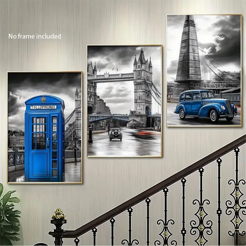 (No frame)2D Flat, 3pcs London-Themed Frameless Canvas Wall Art Set - Iconic British Landmarks (Blue Phone Booth,, Bridges) -