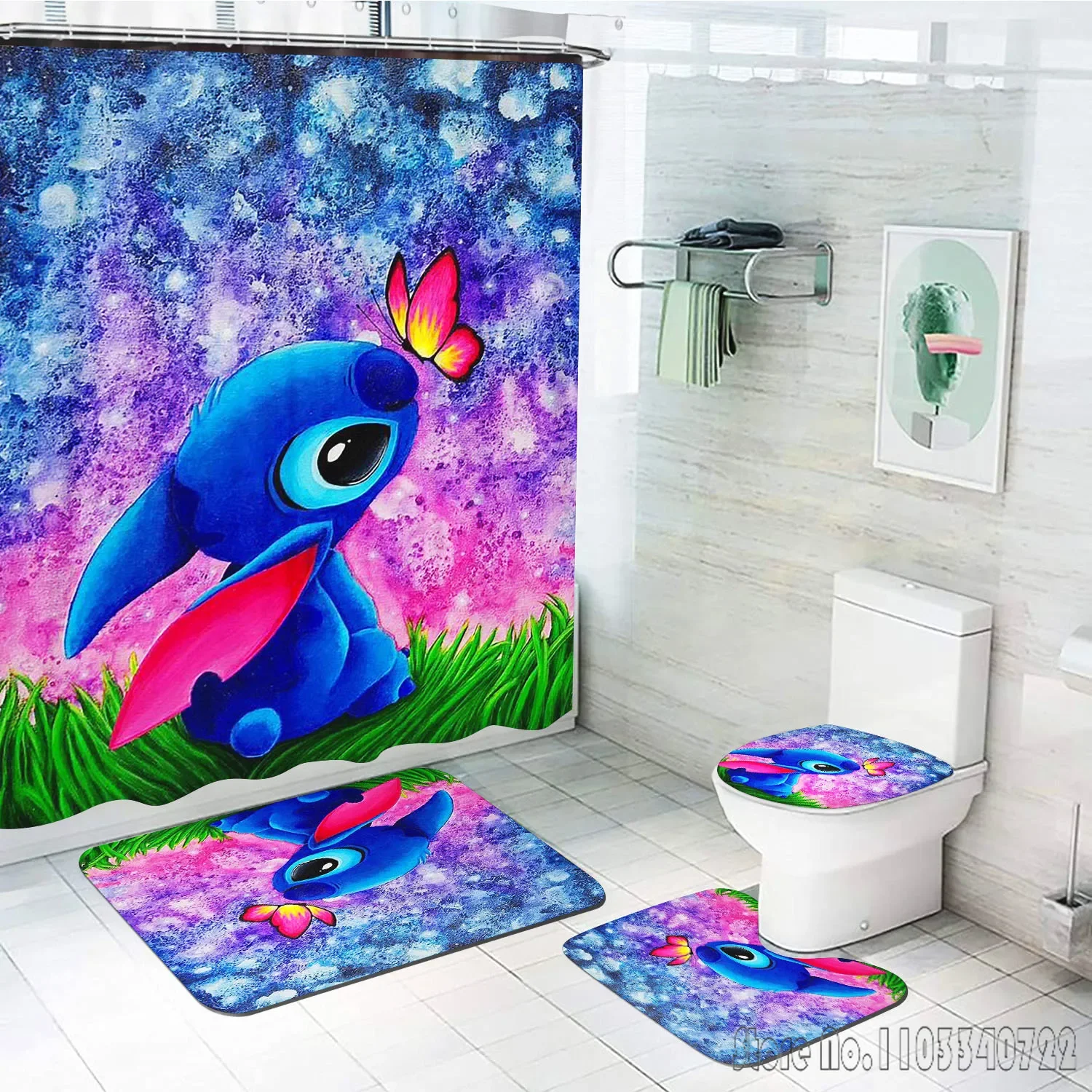 Set di tende da doccia da bagno Disney Stitch Anime 4 pezzi con ganci Decorazione del coperchio del tappetino da bagno impermeabile