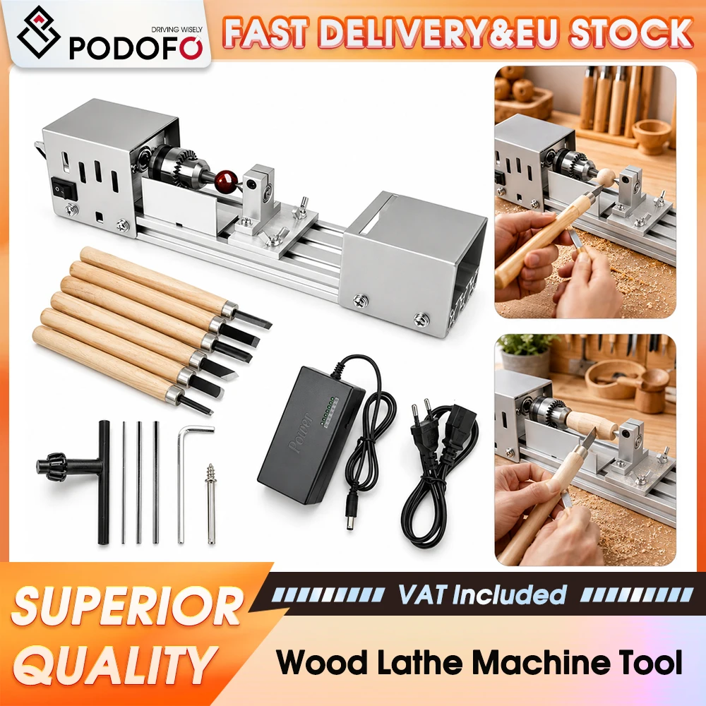 Podofo Mini tour à bois de table 24V à vitesse variable 2000-8000 tr/min, machine portable de tournage et de polissage du bois avec kit de 6 ciseaux à sculpter, ensemble d'outils de travail du bois pour bricolage et artisanat