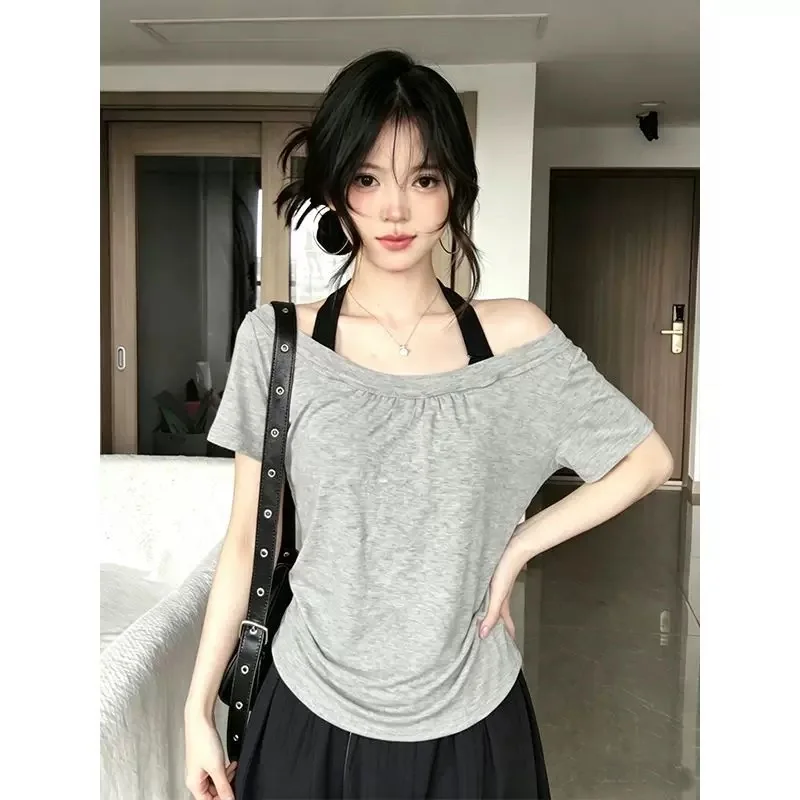 Spicy Girl Style Short Sleeve T-Shirt Women Summer Color Block Shoulder Baring Versatile Cotton Polyester Blend Casual Top