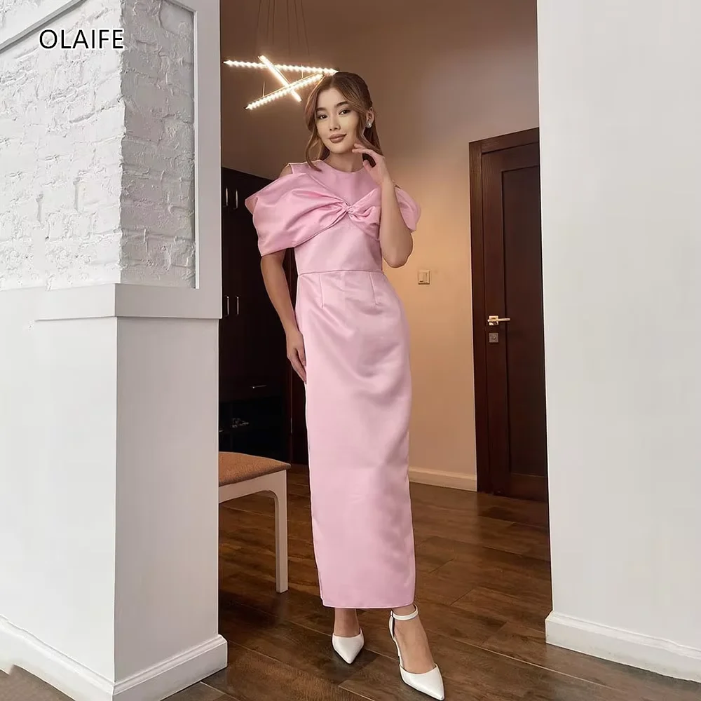 

O Neck Mermaid Prom Dresses for Women with Cute Bow Slit Pink Graduation Party Gown Satin Brithday Dress Special Evens