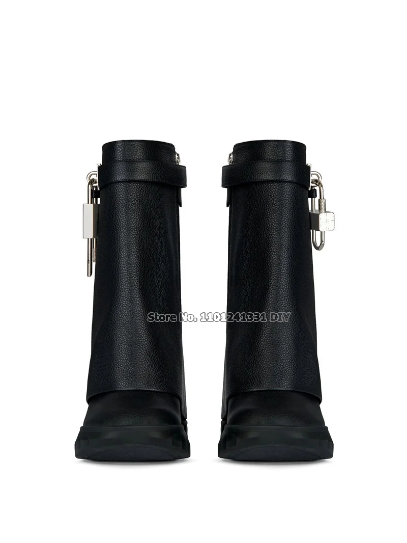 Real Cow Leather Platform Lock Designer Shark Boots Women Warm Wool Fur Inside Snow Boots Slip On Winter Boot