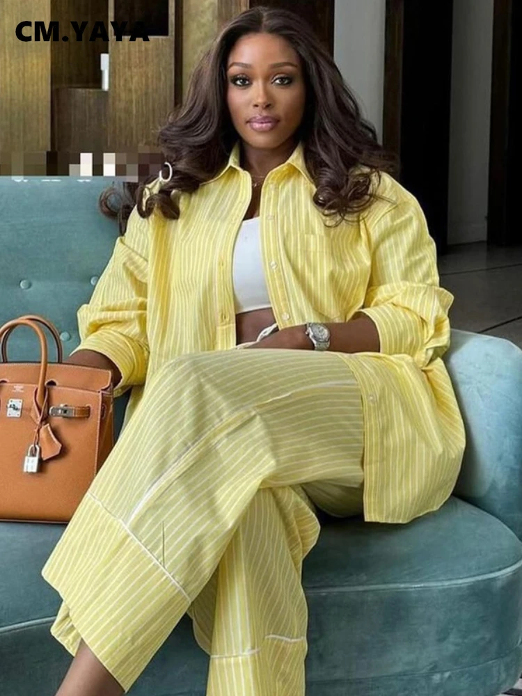 CM.YAYA Модный полосатый женский комплект, блузка с длинными рукавами, рубашка, топ и широкие брюки, 2025 шикарный комплект из двух предметов, спортивный костюм