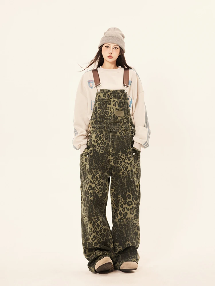 

2024 Spring Summer American Retro Street Style Leopard Print Pocket Overalls Loose Versatile Wide-leg Denim Pants