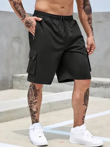 Imagen 2 del producto Pantalones cortos cargo lisos de estilo regular para hombre con cordones y cremalleras ajustables, pantalones cortos casuales, adecuados para baloncesto de verano y vacaciones en la playa, viajes diarios, fitness y otras escenas