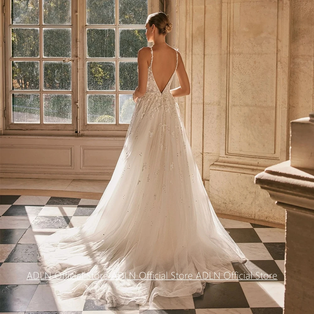 Customized Sexy Wedding Dresses Bride Gown Spaghetti Strapes V Neck Open Back Beading Illusion A Line Bridal Dresses B