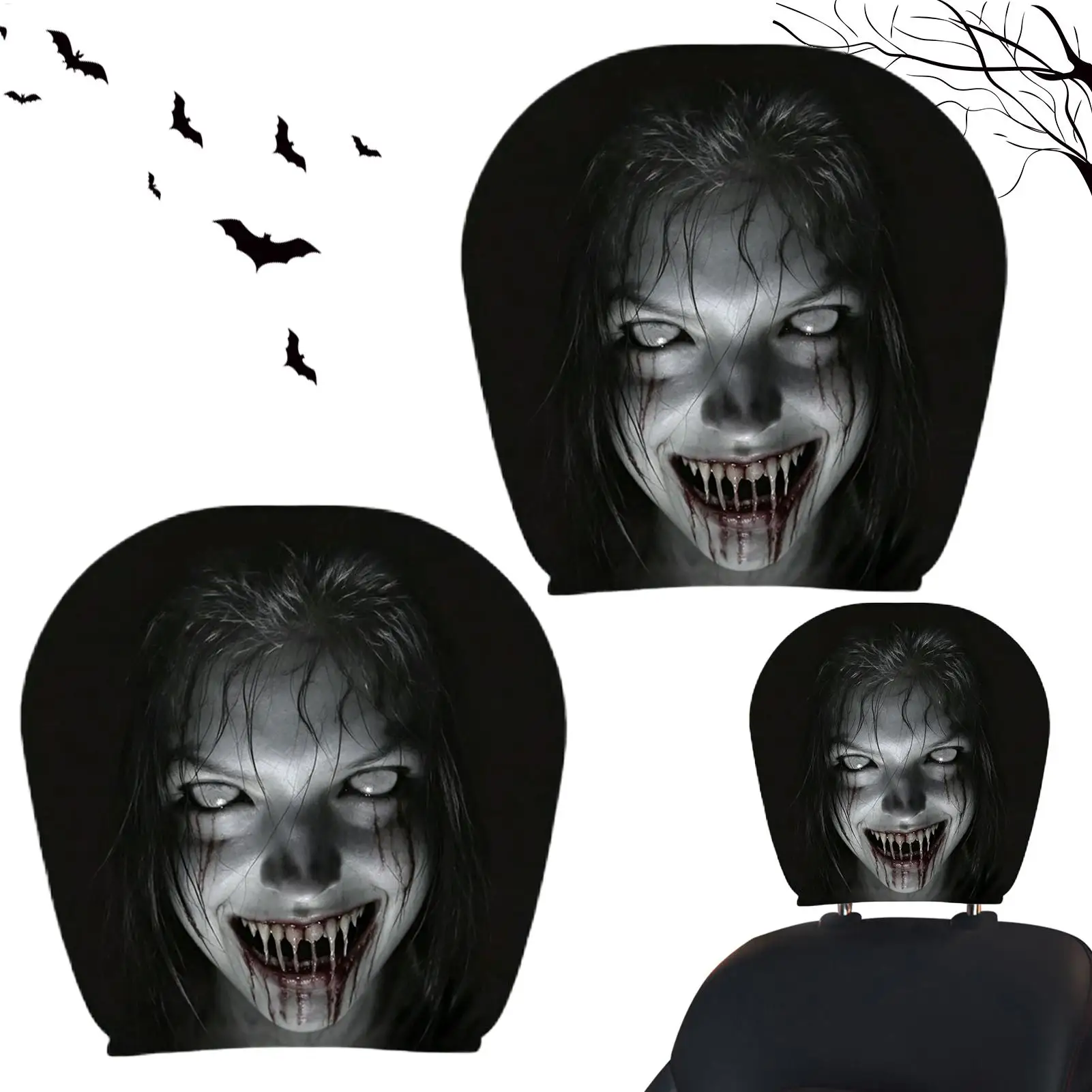 2pcs Ghosts Face Headrest Cover Set Funny Headrest Protector Halloween Spooky Universal Breathable Auto Head Rest Pillow Cover