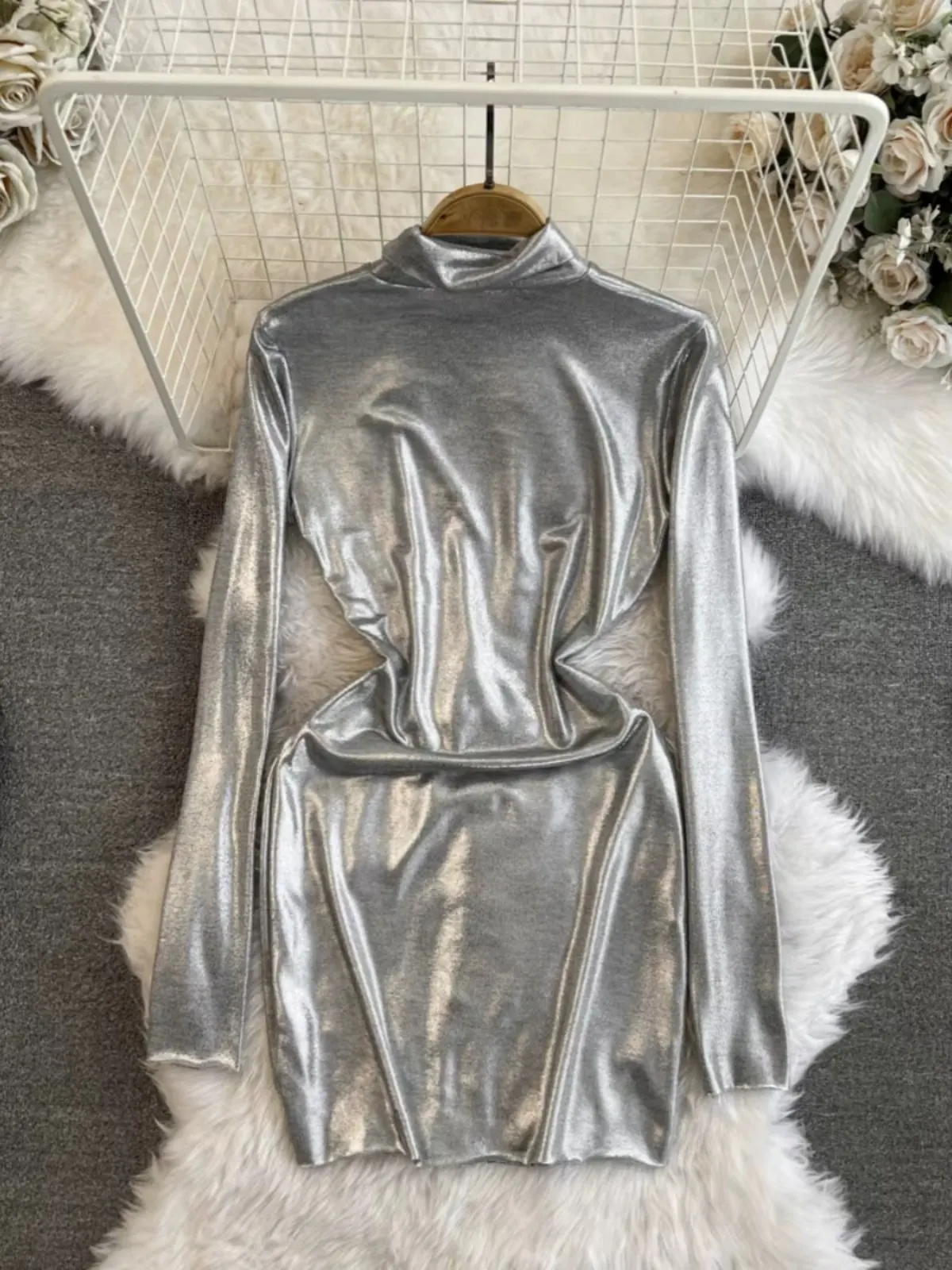 2025 Spring Summer New Silver Metallic Dress Women Cut Out Slim Mock Neck Long Sleeve Party Club Stage Edgy Mini Dress