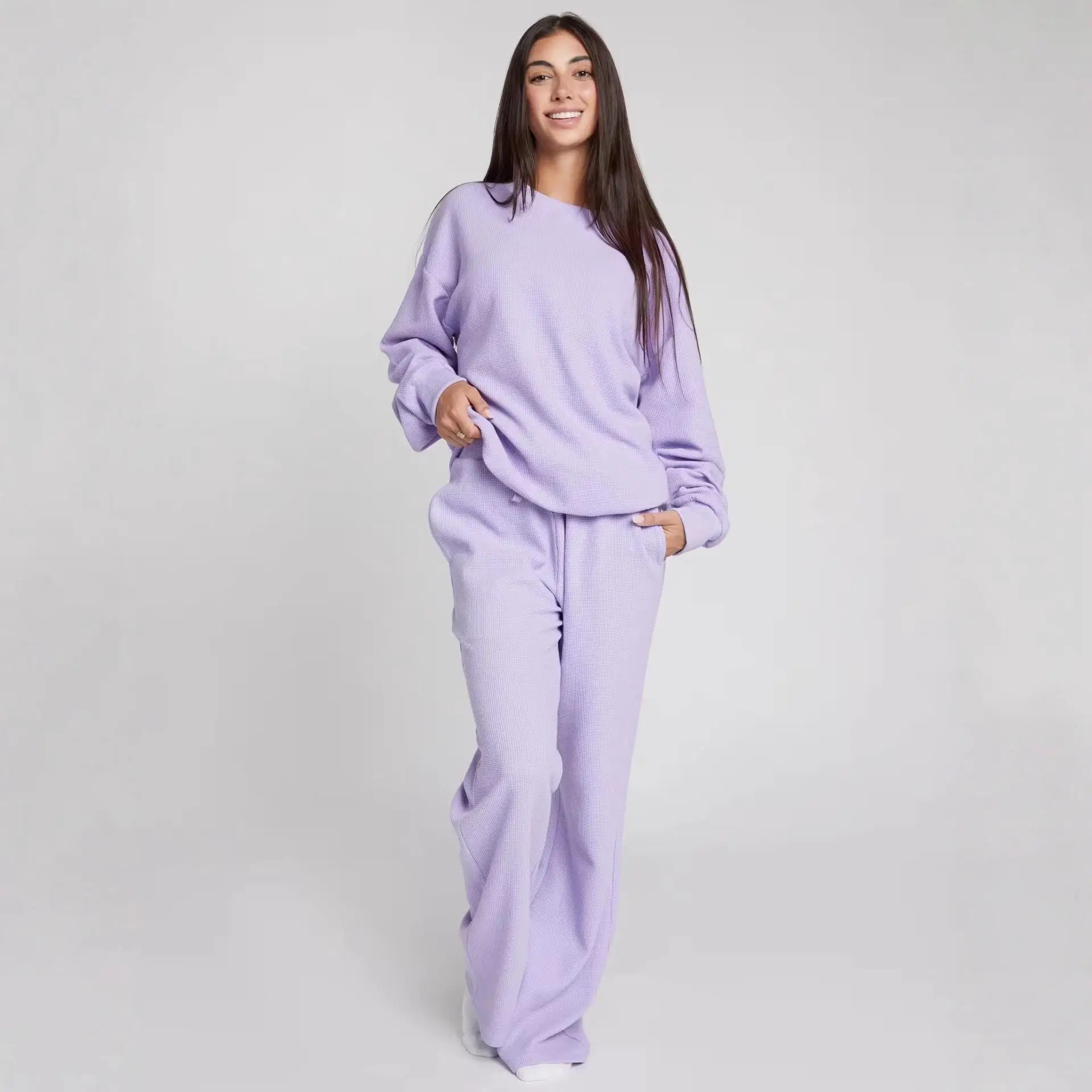 

New Faion Casual Loose Long Sve Женский комплект Pure Color Широкие брюки Комплект из двух предметов Street Sle средней низкой талии ПВХ ПУ