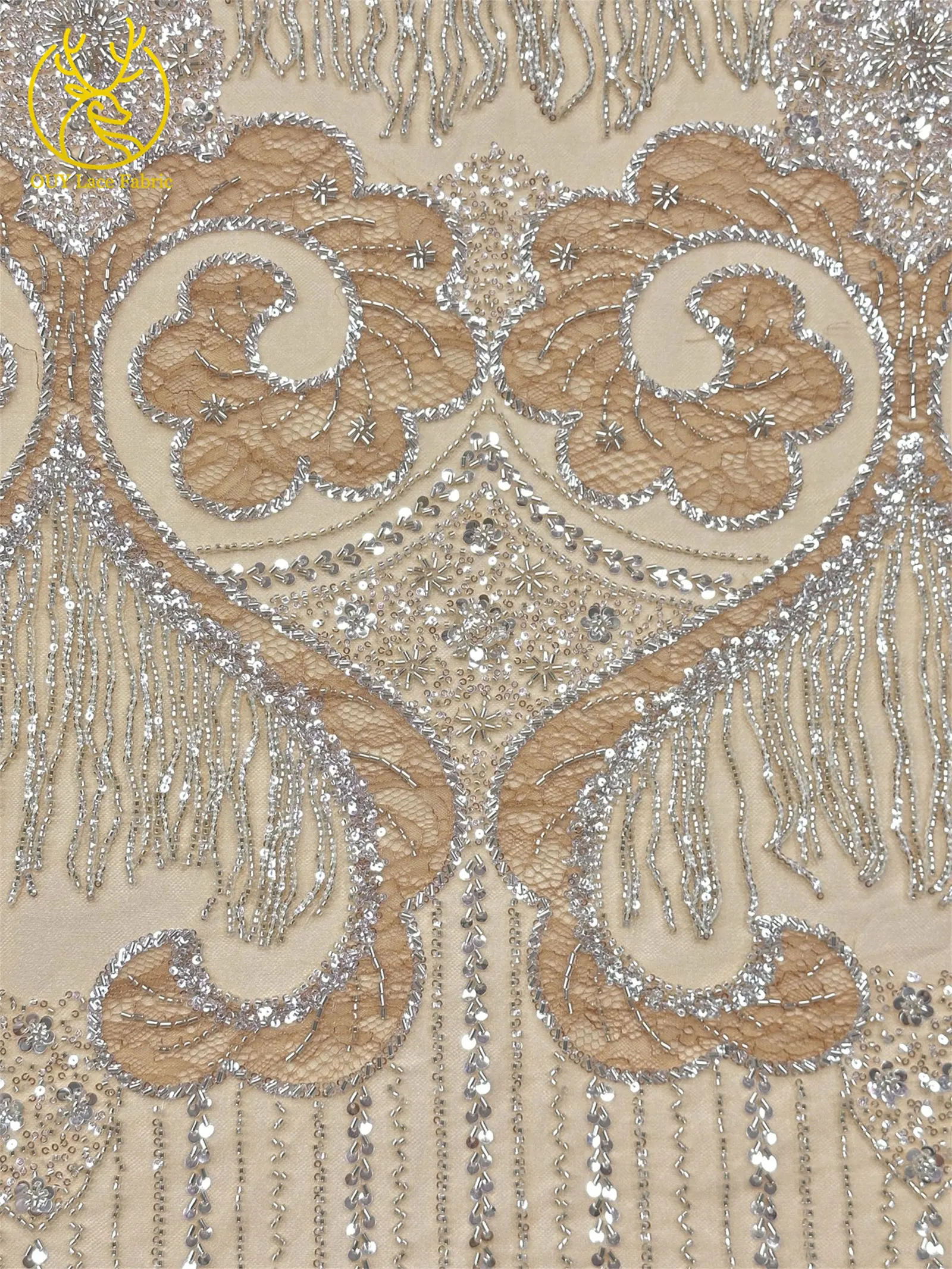 Goldene französische 3D-Laser-Quasten-Perlen-Spitze, luxuriöser afrikanischer Pailletten-Spitzenstoff, nigerianischer Mesh-Spitzenstoff für Damen-Hochzeiten – Detail 7
