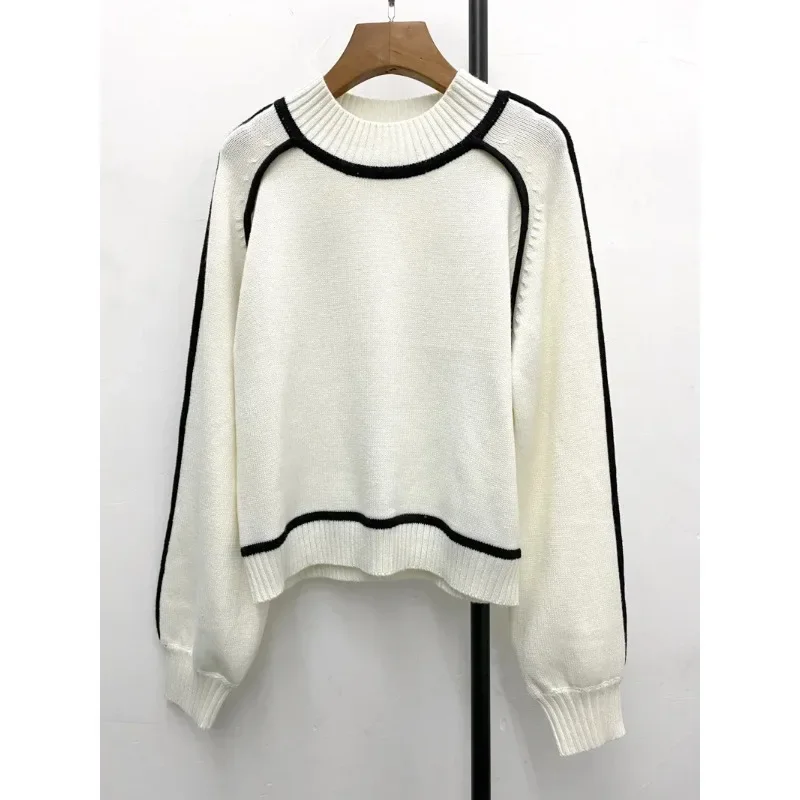 Women\'s Fall and Winter VC * Sweater New Casual Loose Half-high Neck Black and White Lines Splicing Knit Sweater Goth Pullover