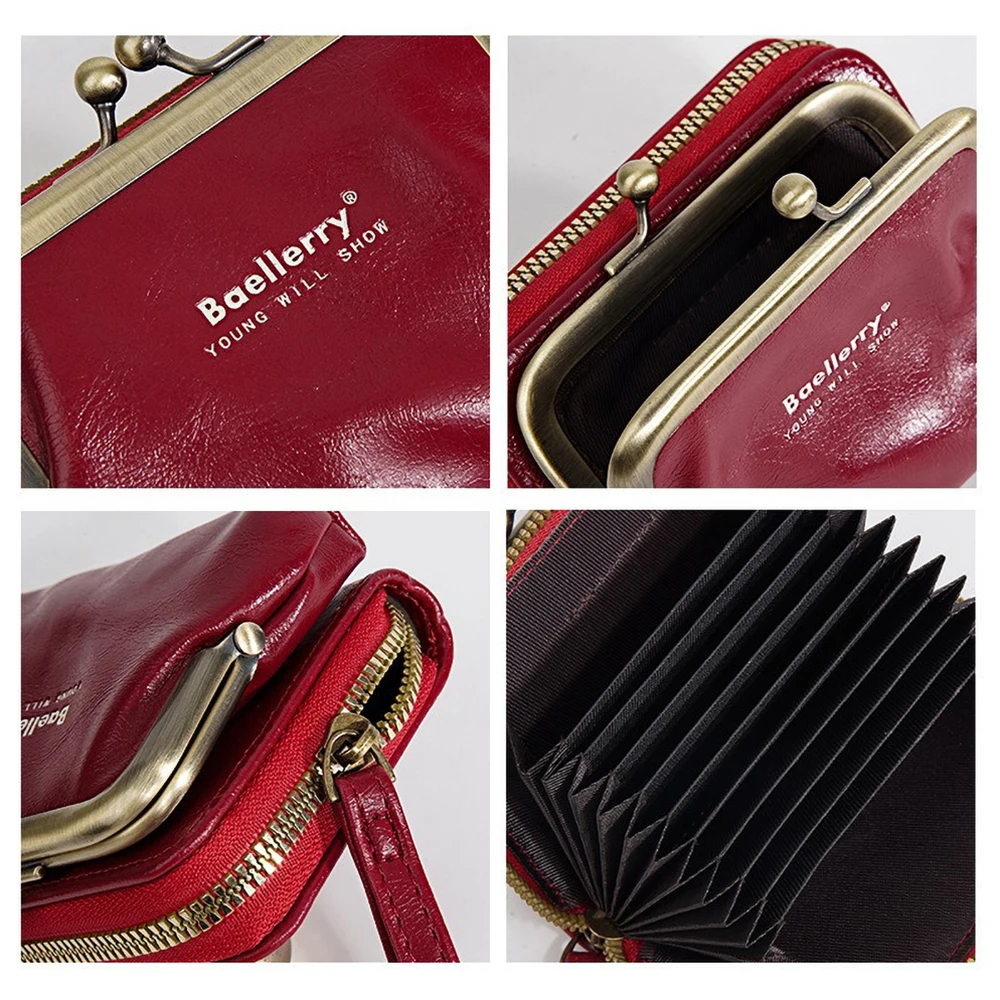 محفظة Baellerry النسائية من البولي يوريثان، محفظة عملات معدنية بسحاب مع 12 فتحة للبطاقات ونافذة لبطاقة الهوية (وردي أحمر الخدود، 8 جيوب)