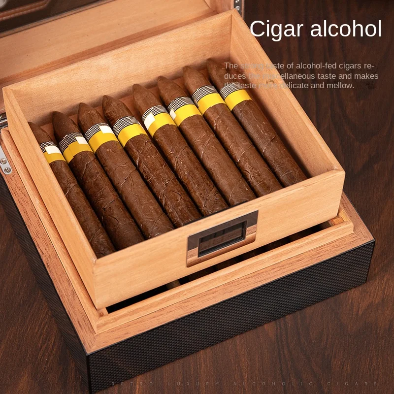 Double Layered Large Capacity Carbon Fiber Cigar Box Can Hold 50 Pieces Cedar Cigar Wooden Humidor Box with Transparent Window