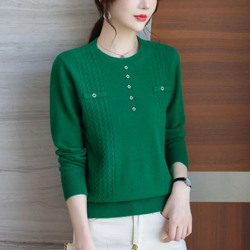 

New Autumn Fashion Trend Solid Color Loose and Versatile Slim Covering Round Neck Casual Style Middle Aged Mom's Knitted Sweater