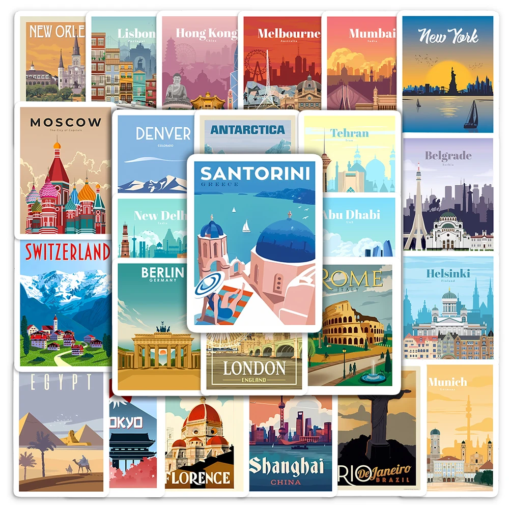 World Landmark Famous City Buildings Stickers Travel Beautiful Scenery PVC Waterproof for Laptop Phone Suitcase Skateboard Toys