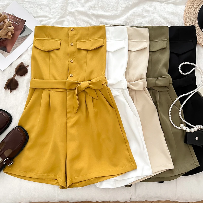 

Faionable Single-Button High-Waisted Slimming Tube Top Jumpsuit Wide Leg Pants Casual Pants Hot Pants Women Summer New