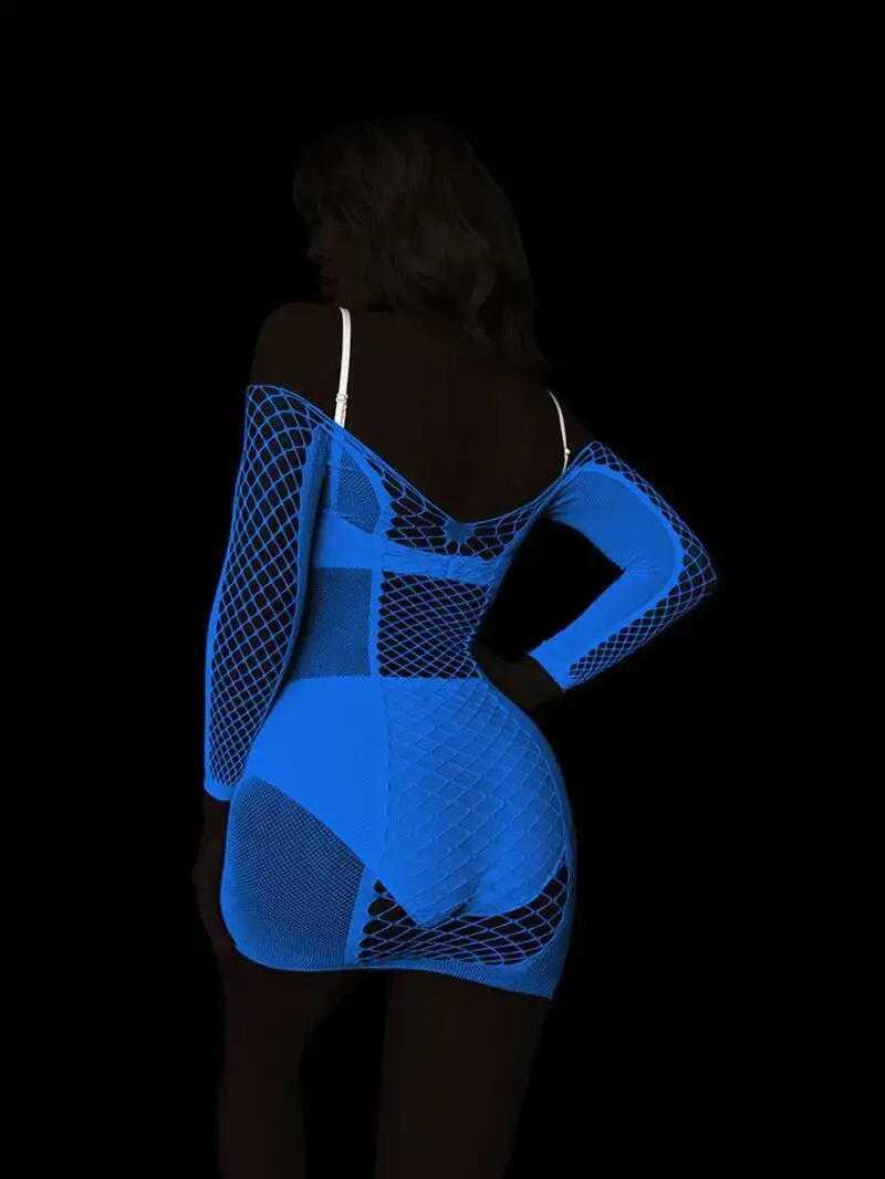 Blue Light Glowing Sexy Short Dress Elegant Bodycon Night Light Mesh Hollow Sexy Long Sleeve Off-Shoulder Mini Dress Tops DA6J