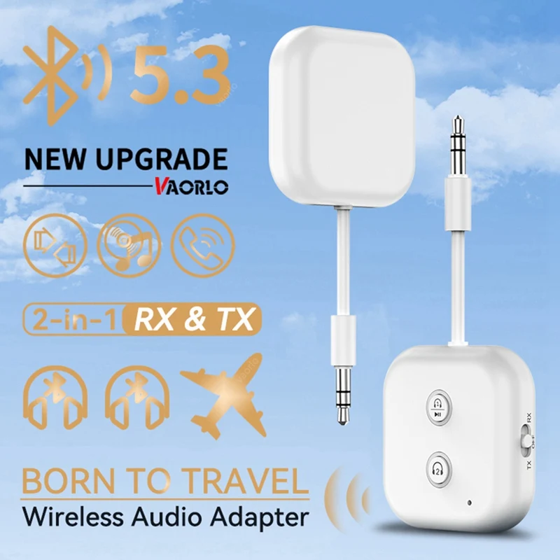 Transmisor receptor de Audio Bluetooth 5,3 2 en 1, adaptador inalámbrico con micrófono, música estéreo auxiliar de 3,5 MM para coche, avión y TV