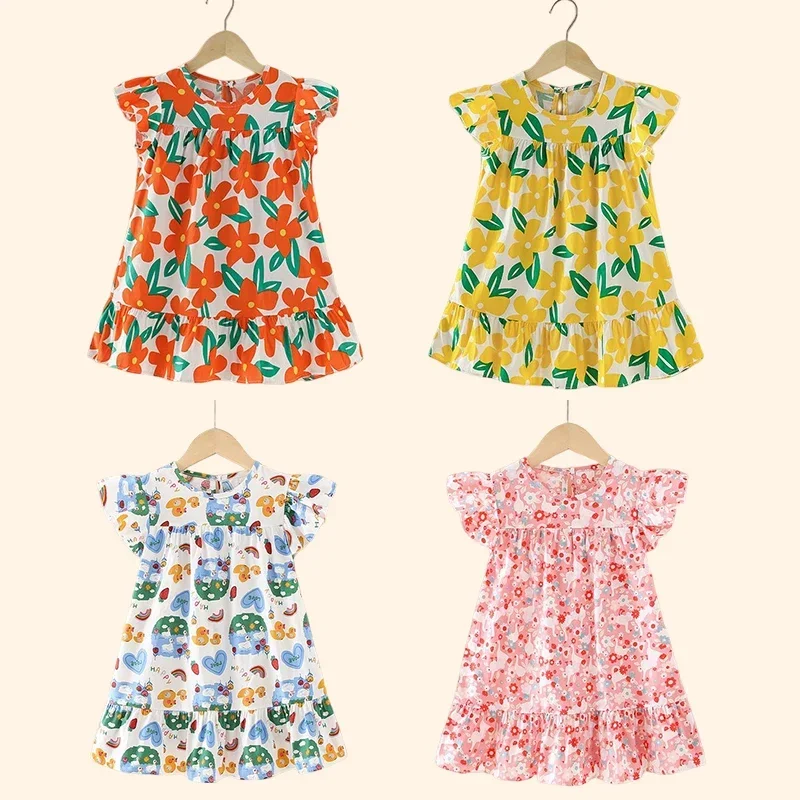 Girl Dresses100% Cotton Children\'s Clothing Summer Kids Clothes Girls Party Princess Fashion Outfit Flower Pattern Beach Dresses