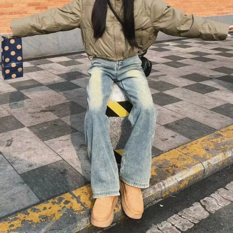 

Винтажные светлые джинсы с высокой талией и широкими штанинами для женщин, американские ретро Ins 2023, новые осенние узкие расклешенные брюки длиной до пола