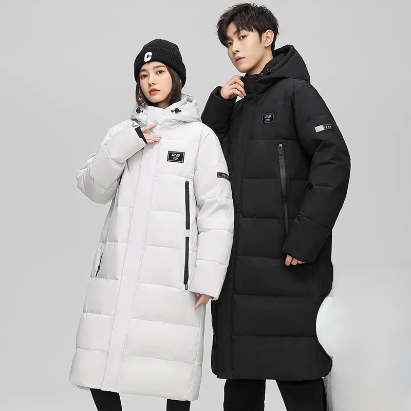 

Новая зимняя теплая куртка-пуховик Jiujiang Du 2025 года, унисекс, до колен, с капюшоном, длинный рукав, полиэстер