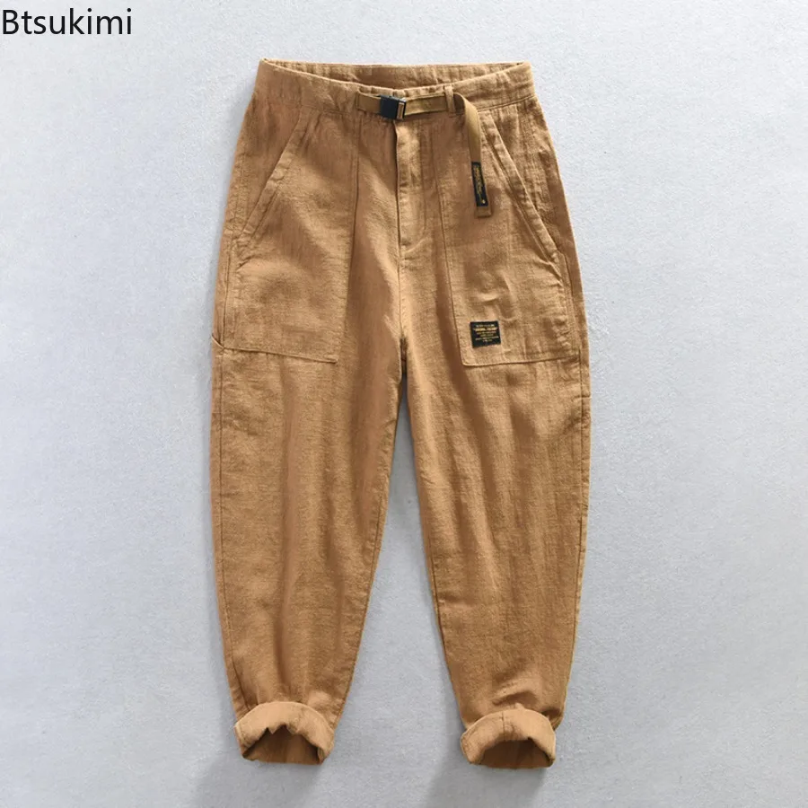2025 Men's Solid Color Vintage Cargo Pants Spring Summer New Breathable Cotton Linen Casual Trousers Male Streetwear Baggy Pants