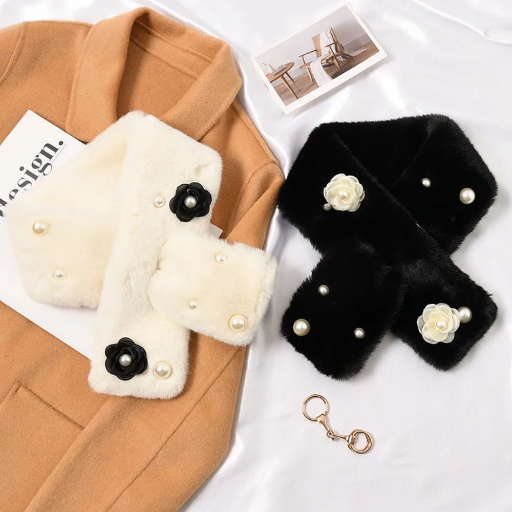 New Thickened Faux Rabbit Fur Scarf Warm Solid Color Cross Neck Scarf Pearl Windproof Furry Scarves Women