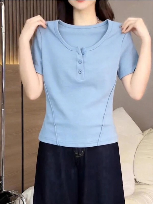 

2026 Summer New Style Korean Soft Blue V-neck Button Short Sleeve Women's Slim Fit T-shirt Large Size Elegant Top