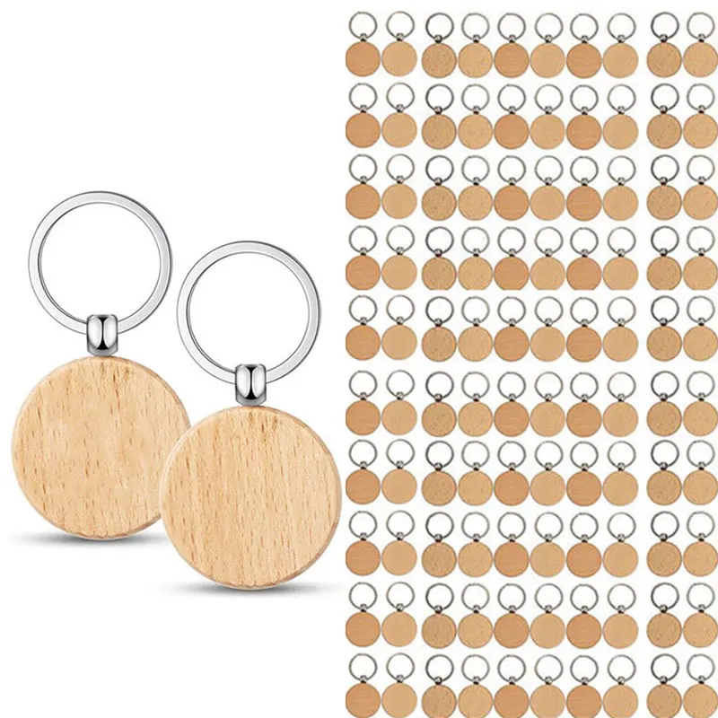 100Pcs Blank Round Wooden Key Chain Diy Wood Keychains Key Tags Diy Gifts