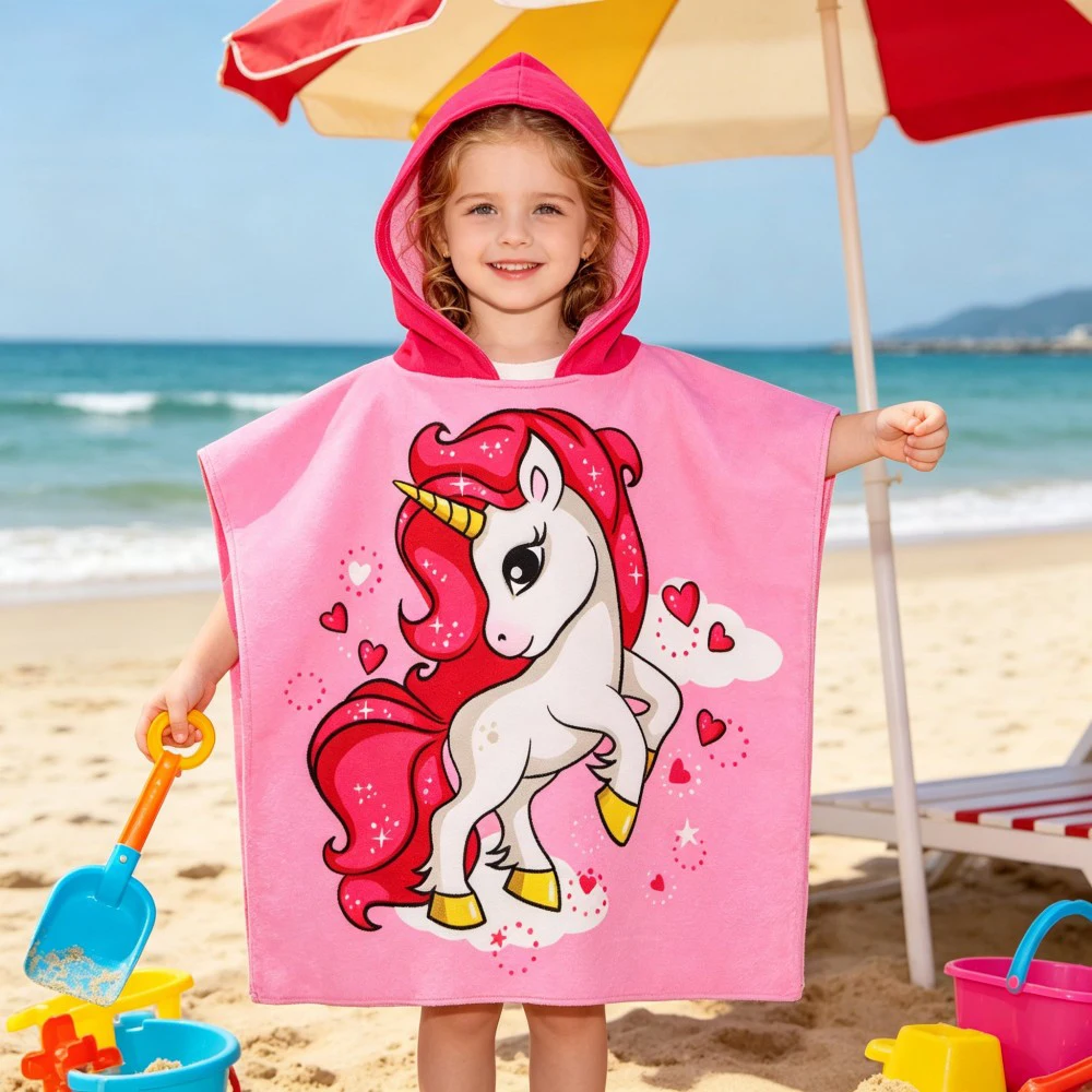 Toddler Kids Beach Bathrobe Towels Children's Cartoon Hooded Robes Boys Girls Quick Dry Poncho Baby Bathing Stuff Beachwear