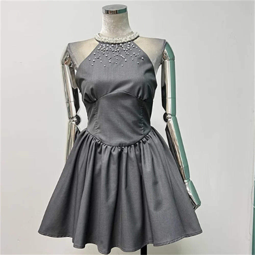 

Grey neck suspender bead dress women summe new retro pleated dress