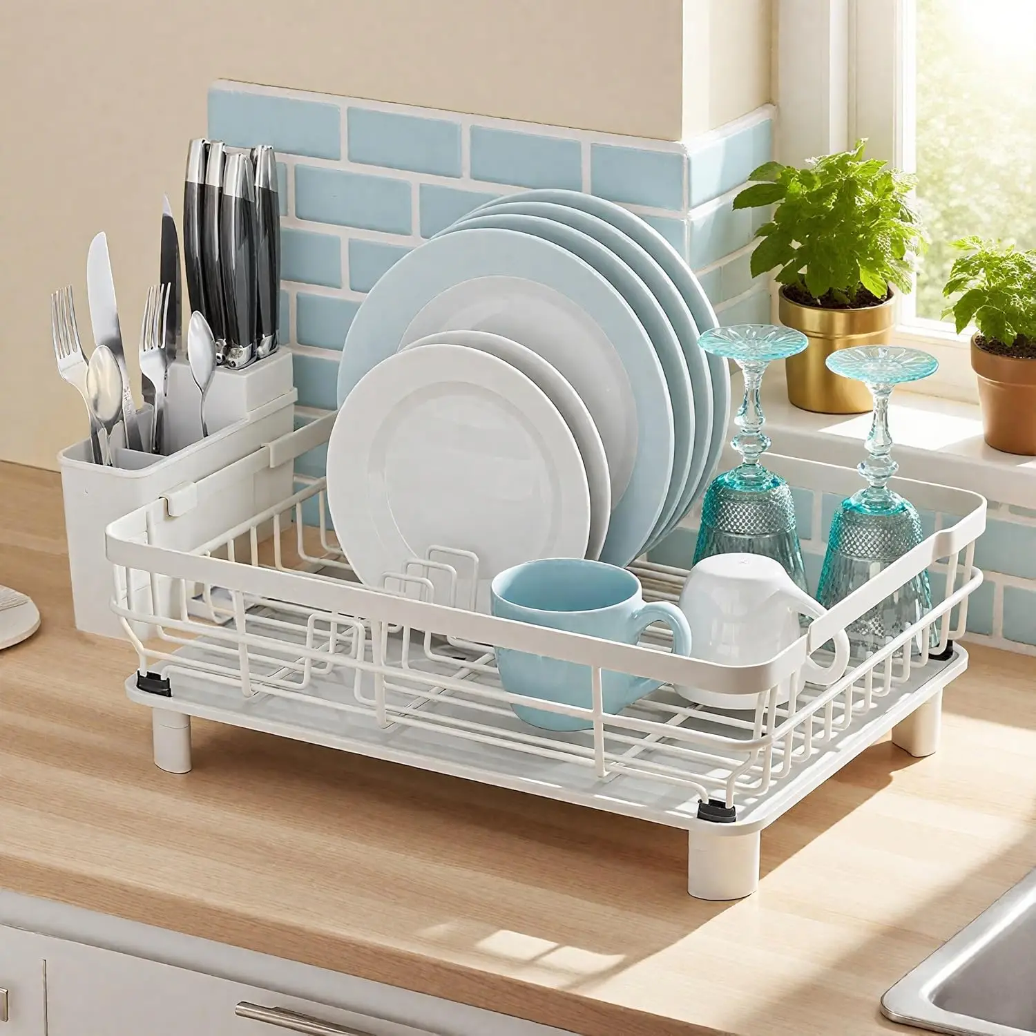 

Большая сушилка для посуды из нержавеющей стали со съемным держателем для столовых приборов, 16.9x12.9x5.9 дюймов, белый органайзер для кухонной столешницы