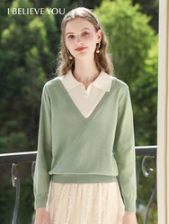 I BELIEVE YOU Knitted Sweaters Women Autumn 2024 Polo Collar Fake Two New Unique Chic Patchwork Straight Pullovers CMZ245488A