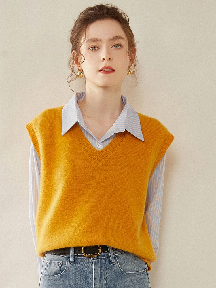 

Spring Autumn Women 100% Cashmere Weistcoat Woman V-neck Knitted Pullover Vest Female Sleeveless Simple Fashion Sweater